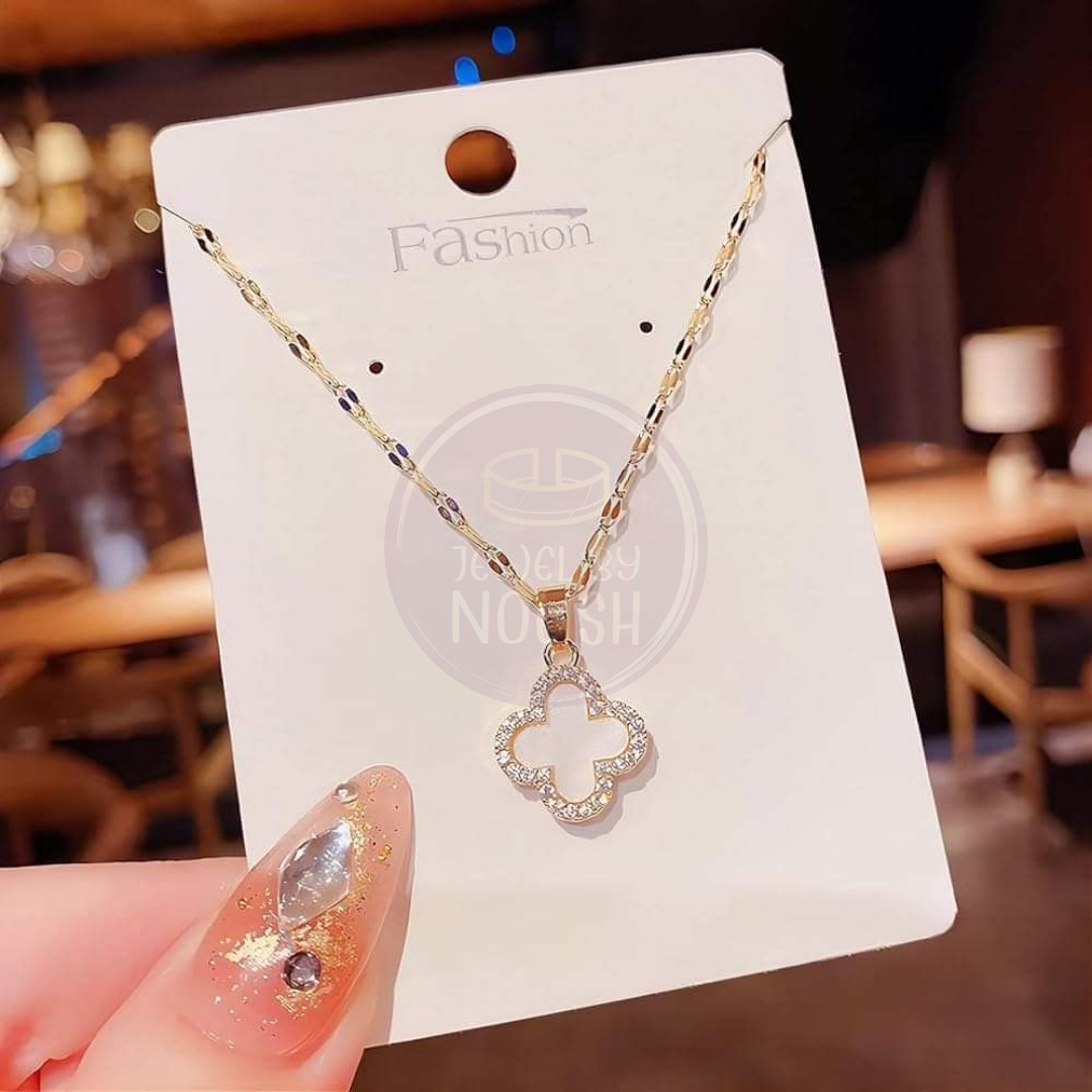 Clover Elegance: Double Side Necklace With Stones