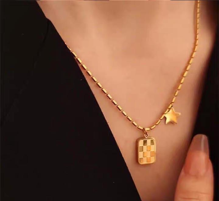 Gold Waffle Grid & Star Charm Necklace