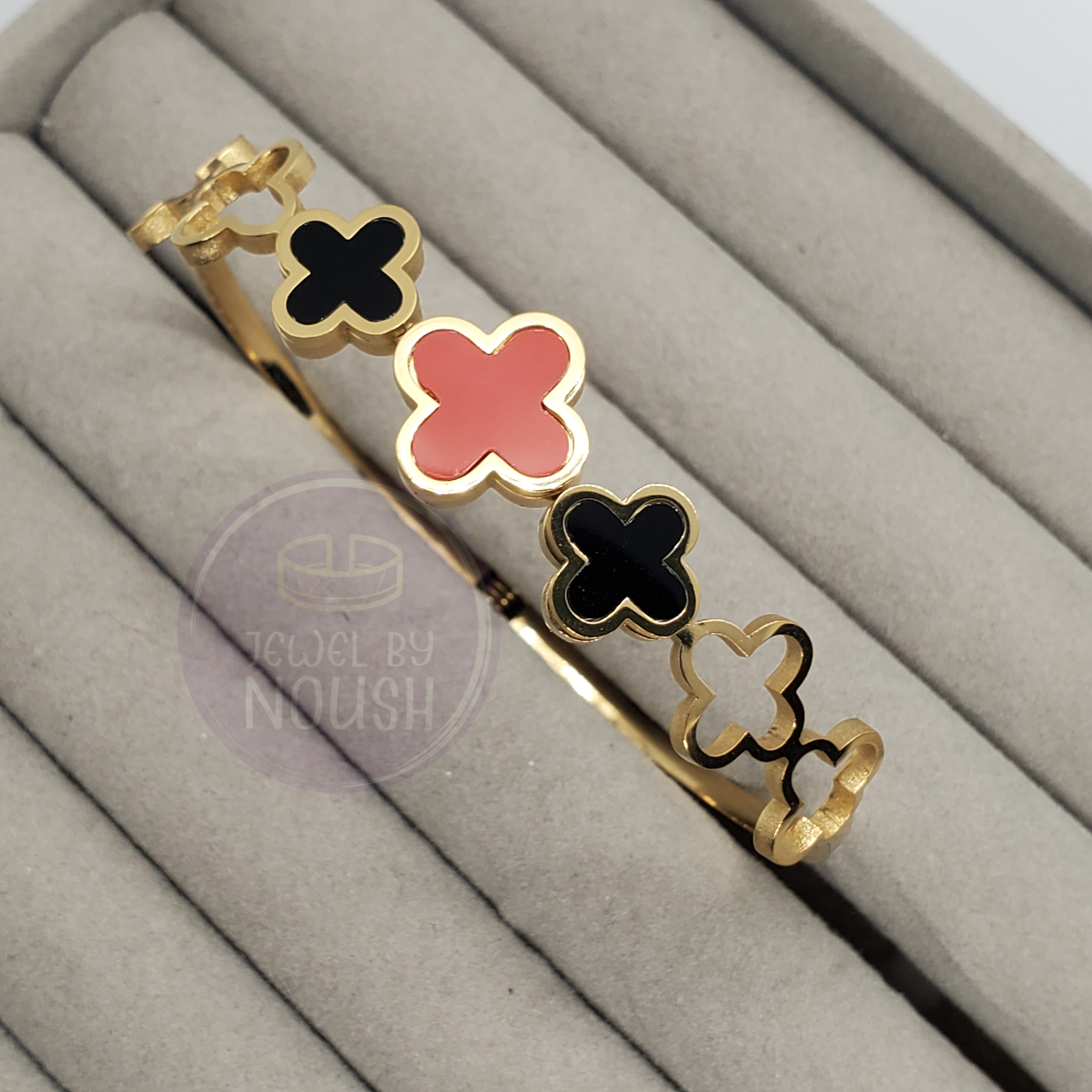 Red & Black Clover Charm Handcuff Bracelet