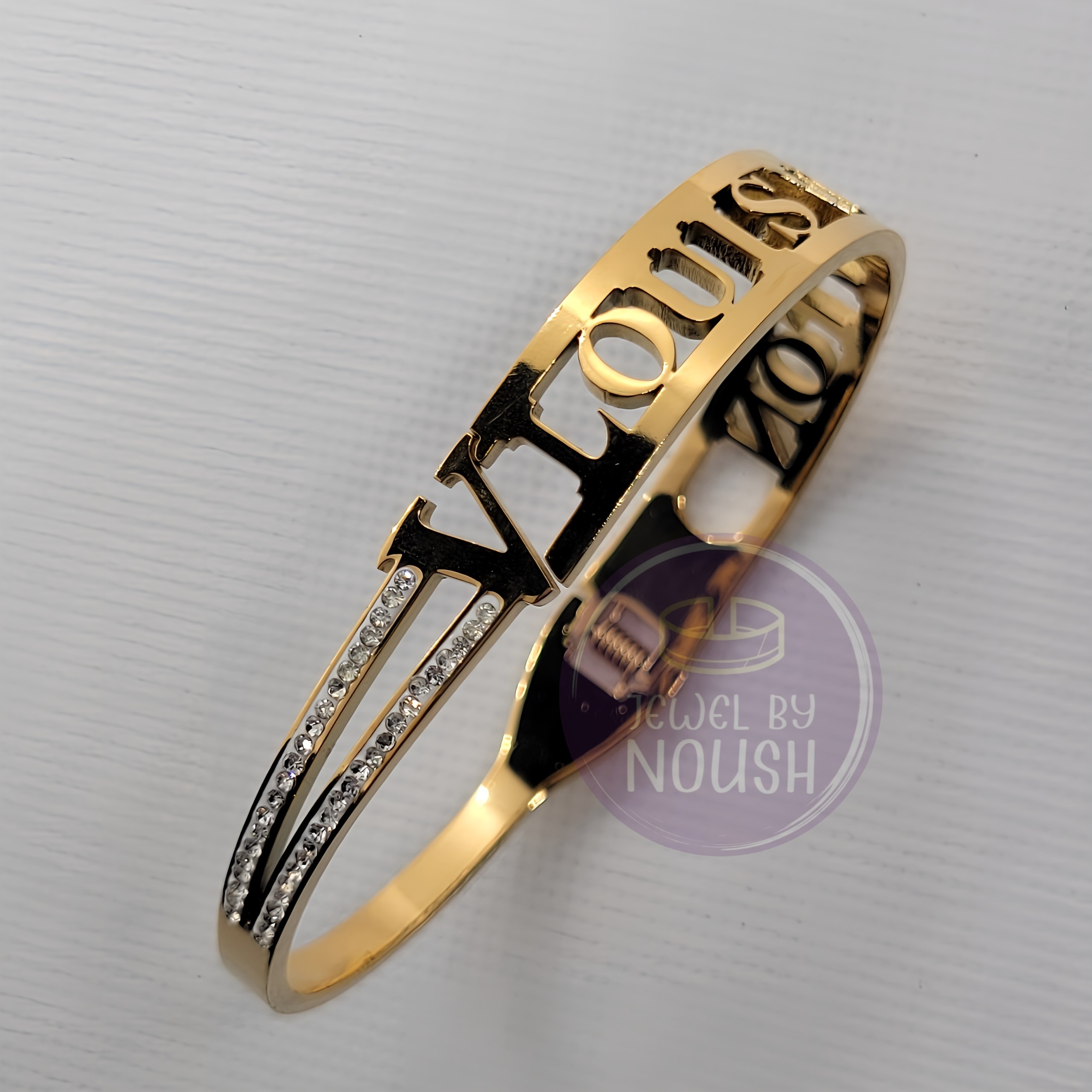  Louis Vuitton-Inspired Gold Bracelet Handcuff with Stones