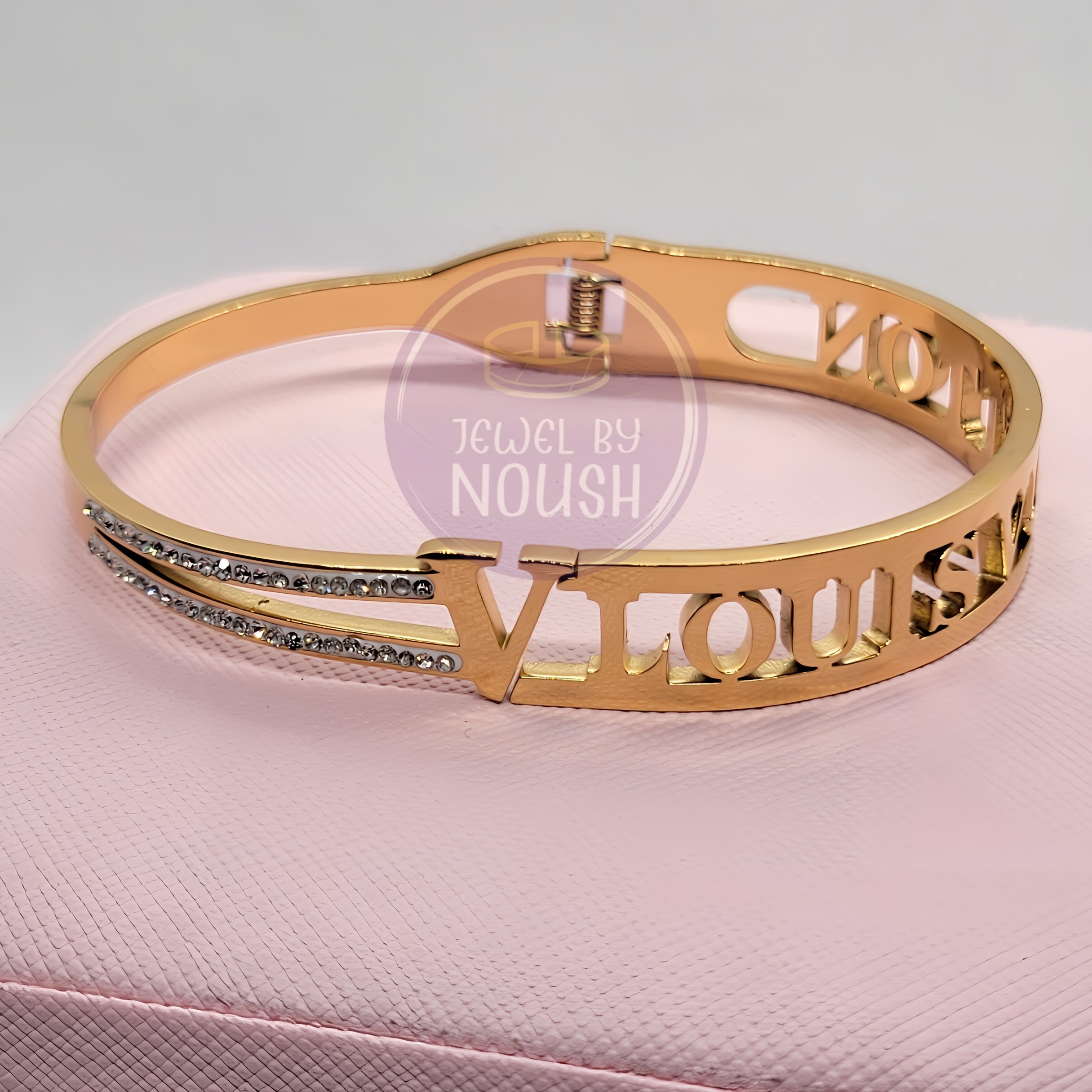  Louis Vuitton-Inspired Gold Bracelet Handcuff with Stones