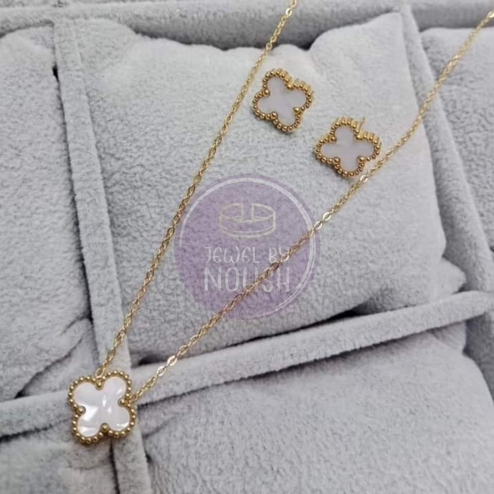 Elegant Clover Enamel Necklace and Studs Set