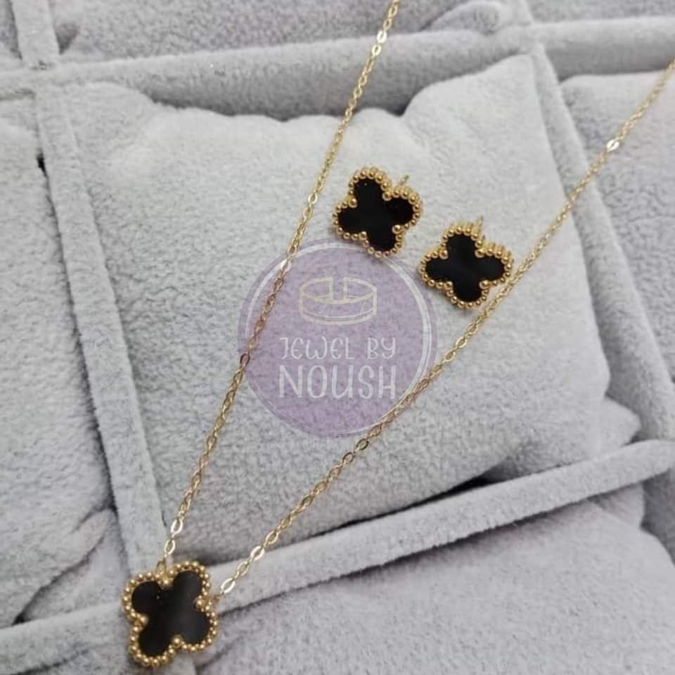 Elegant Clover Enamel Necklace and Studs Set