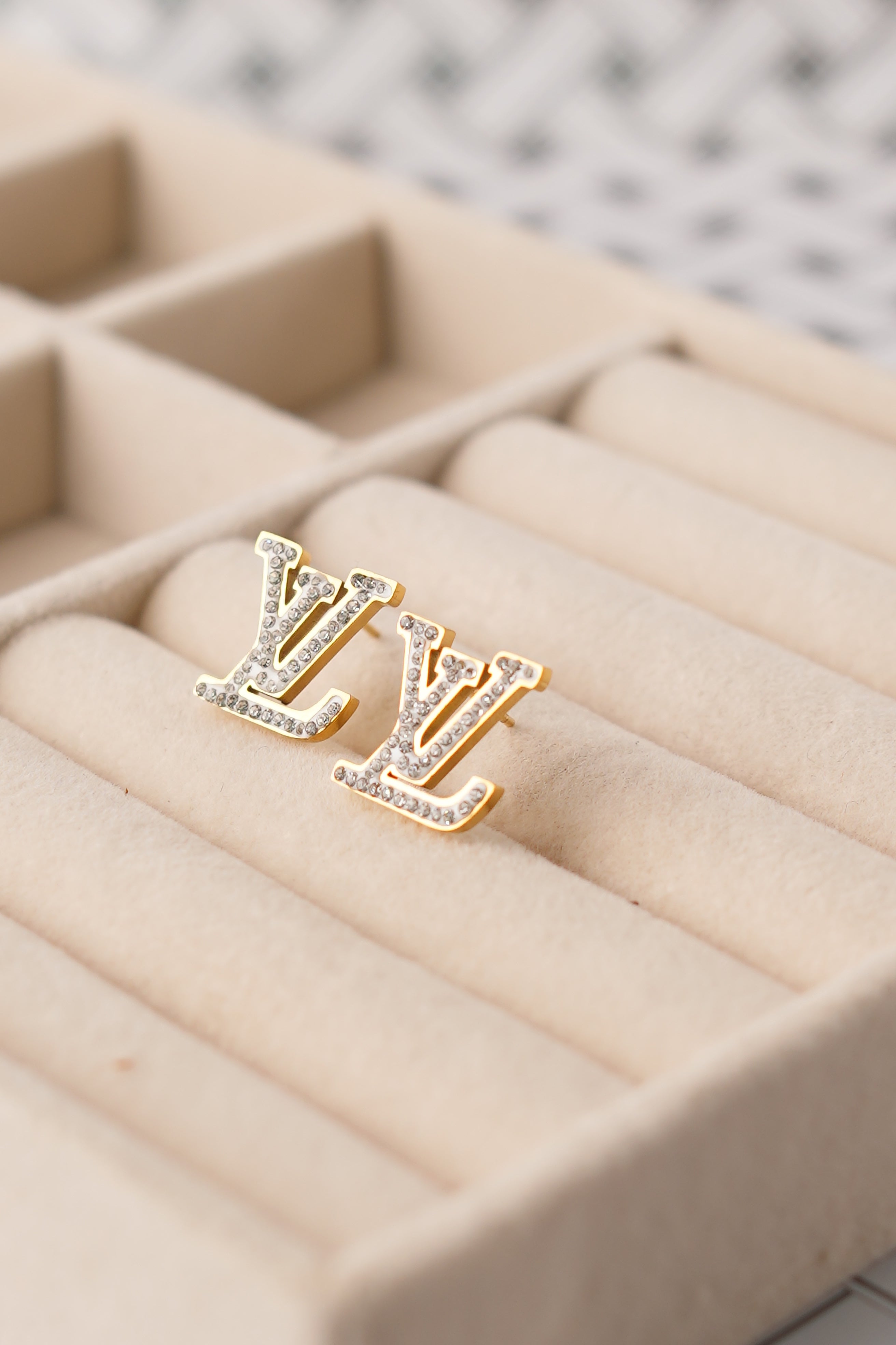 LV Letter Gemstone Studs Earrings
