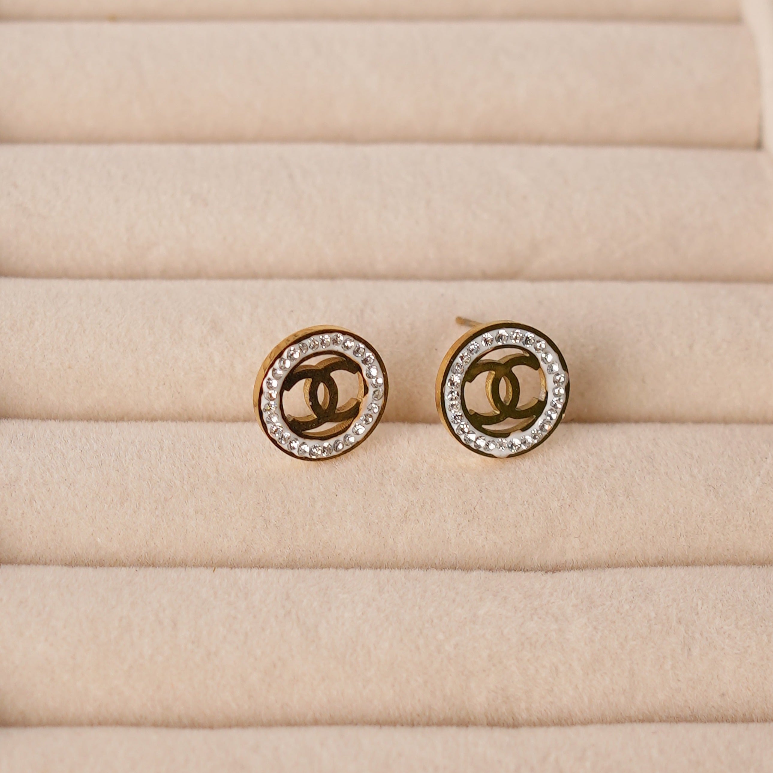 Chanel-Inspired Crystal Logo Stud Earrings
