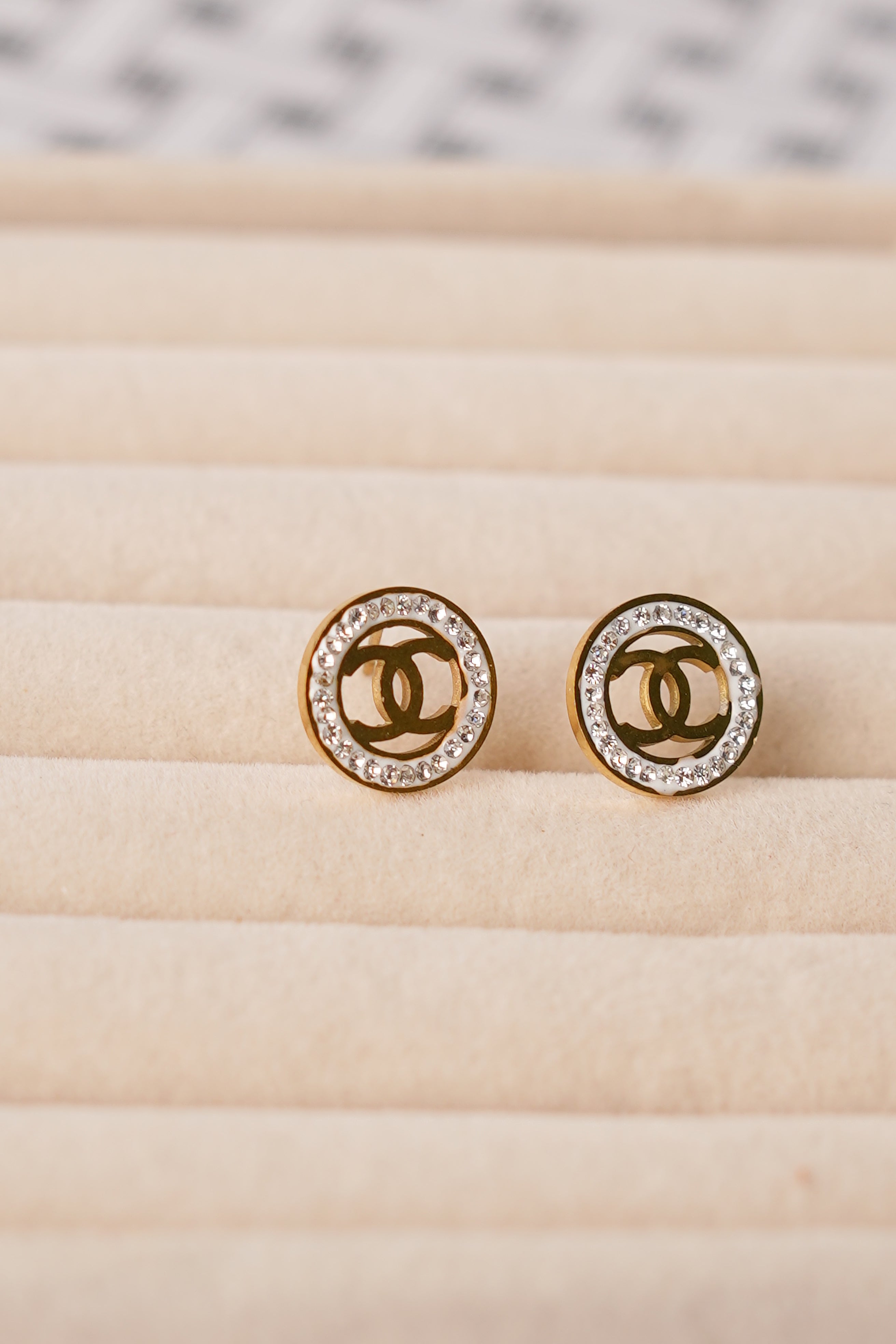 Chanel-Inspired Crystal Logo Stud Earrings