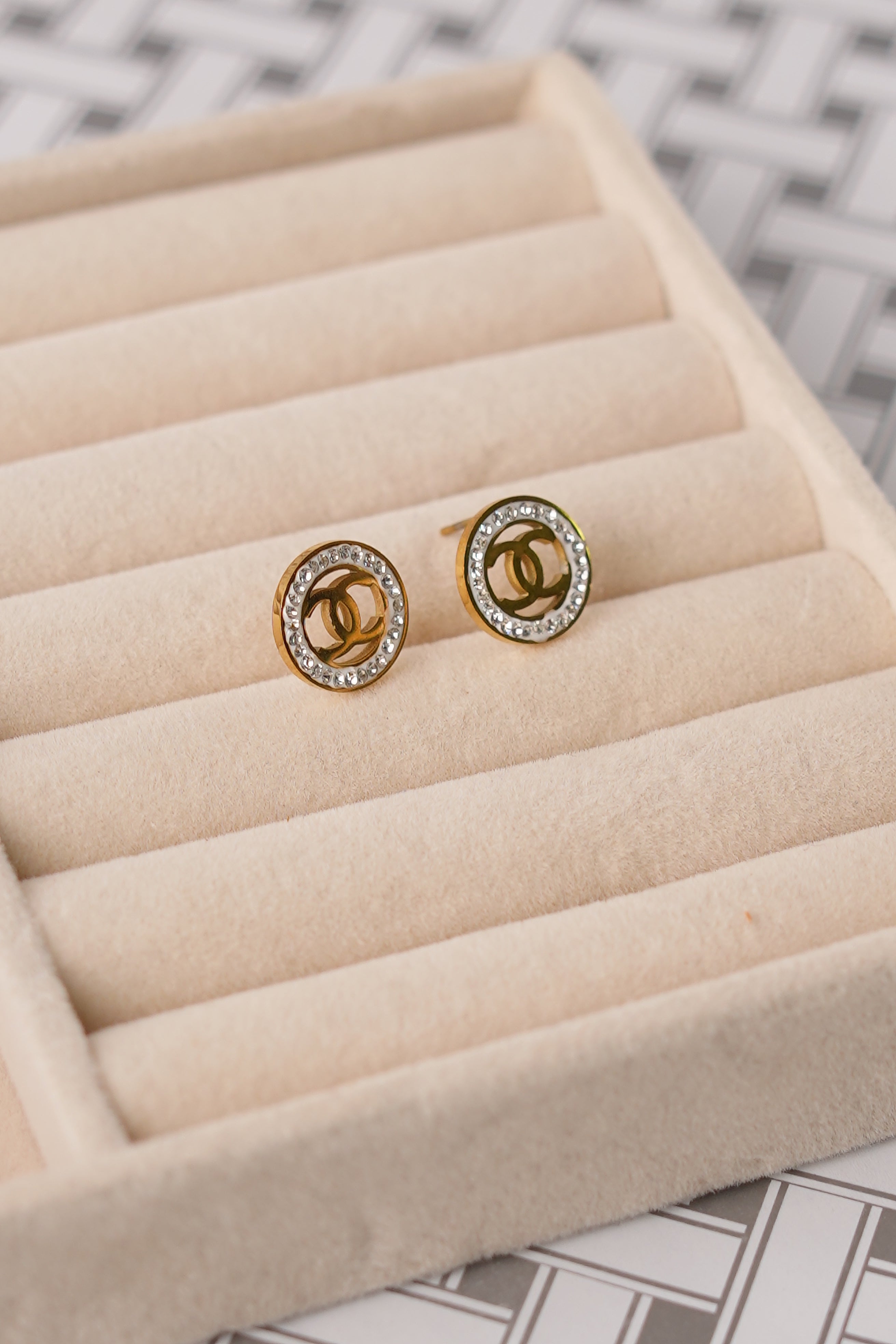 Chanel-Inspired Crystal Logo Stud Earrings