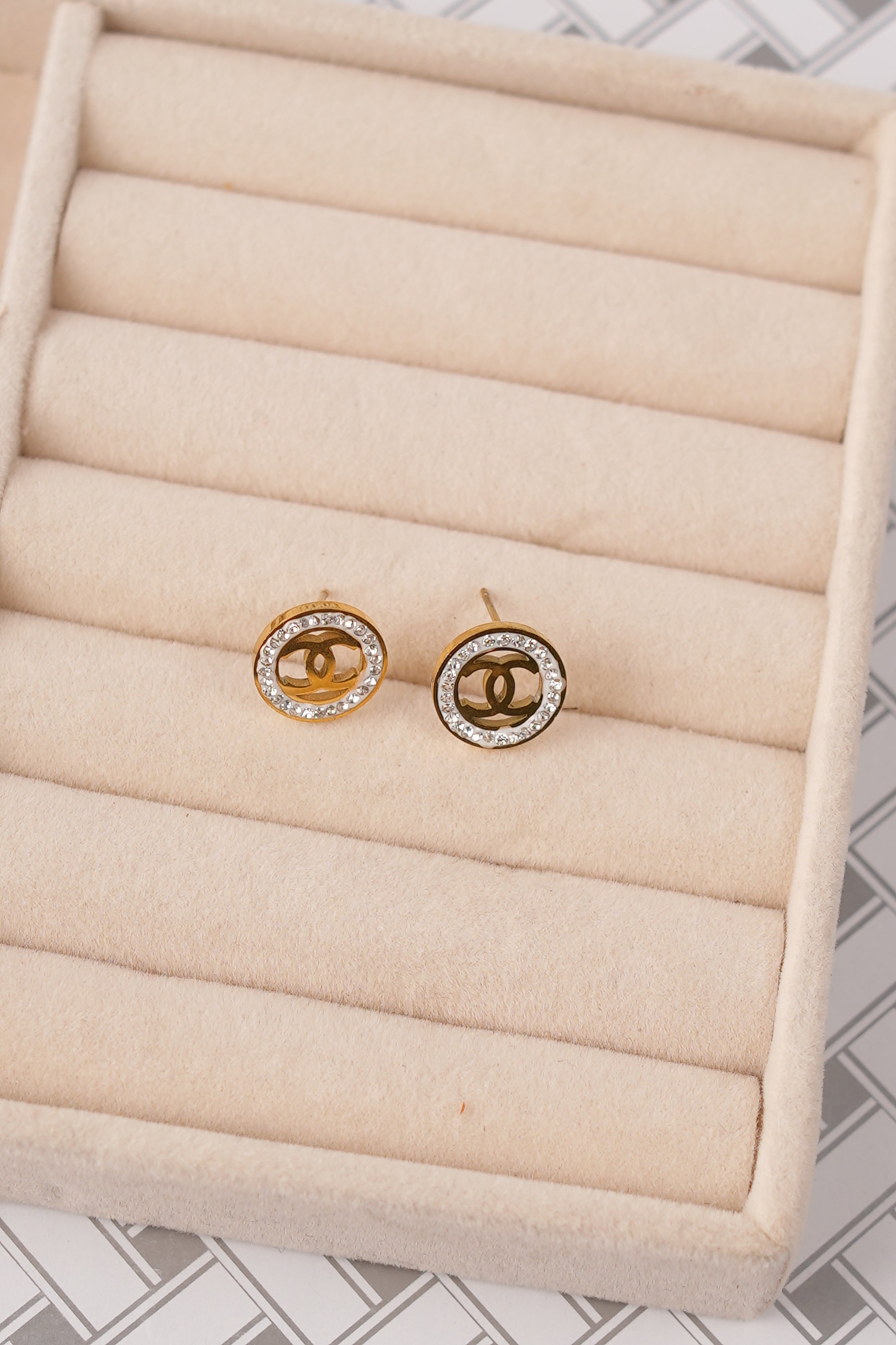 Chanel-Inspired Crystal Logo Stud Earrings