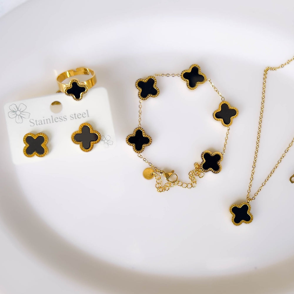 Elegant 4 PC Clover Charm Jewelry Set with Adjustable Ring