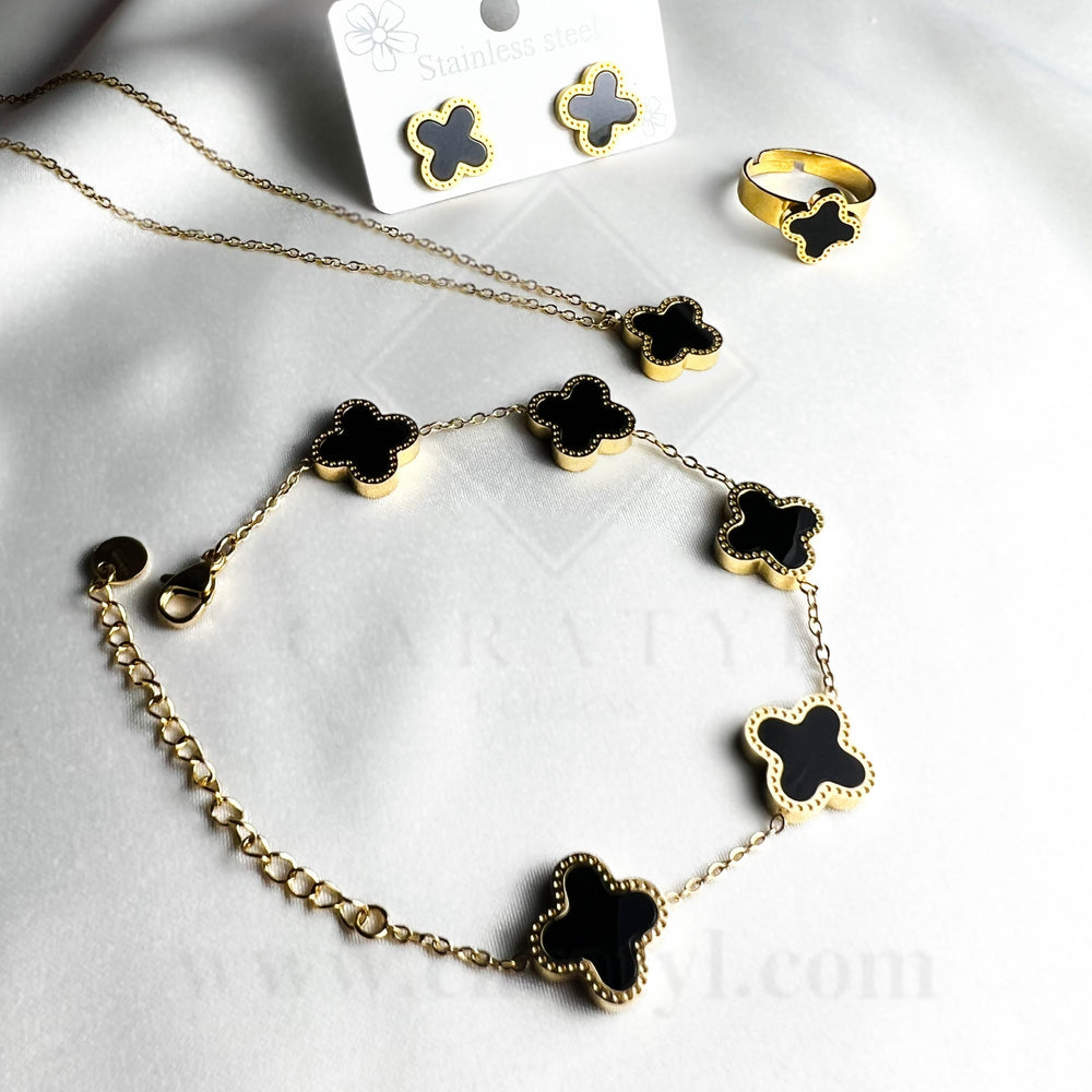 Elegant 4 PC Clover Charm Jewelry Set with Adjustable Ring