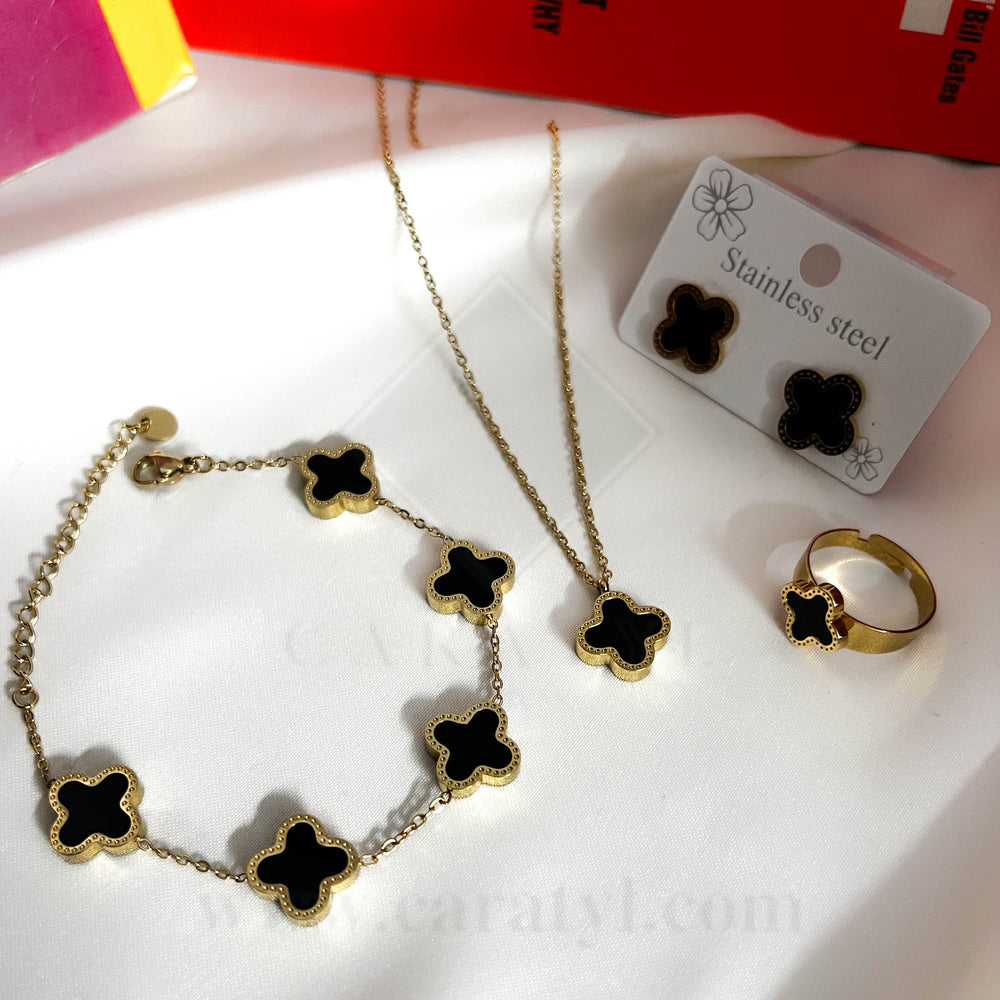 Elegant 4 PC Clover Charm Jewelry Set with Adjustable Ring