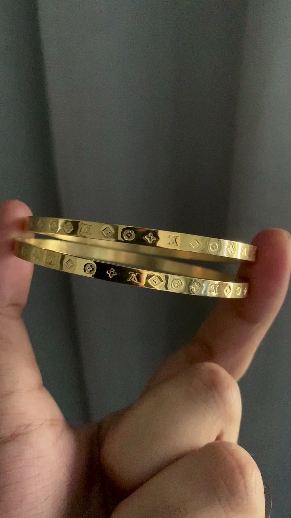 Ancient Script Embossed Gold Bracelet Inspired by LV