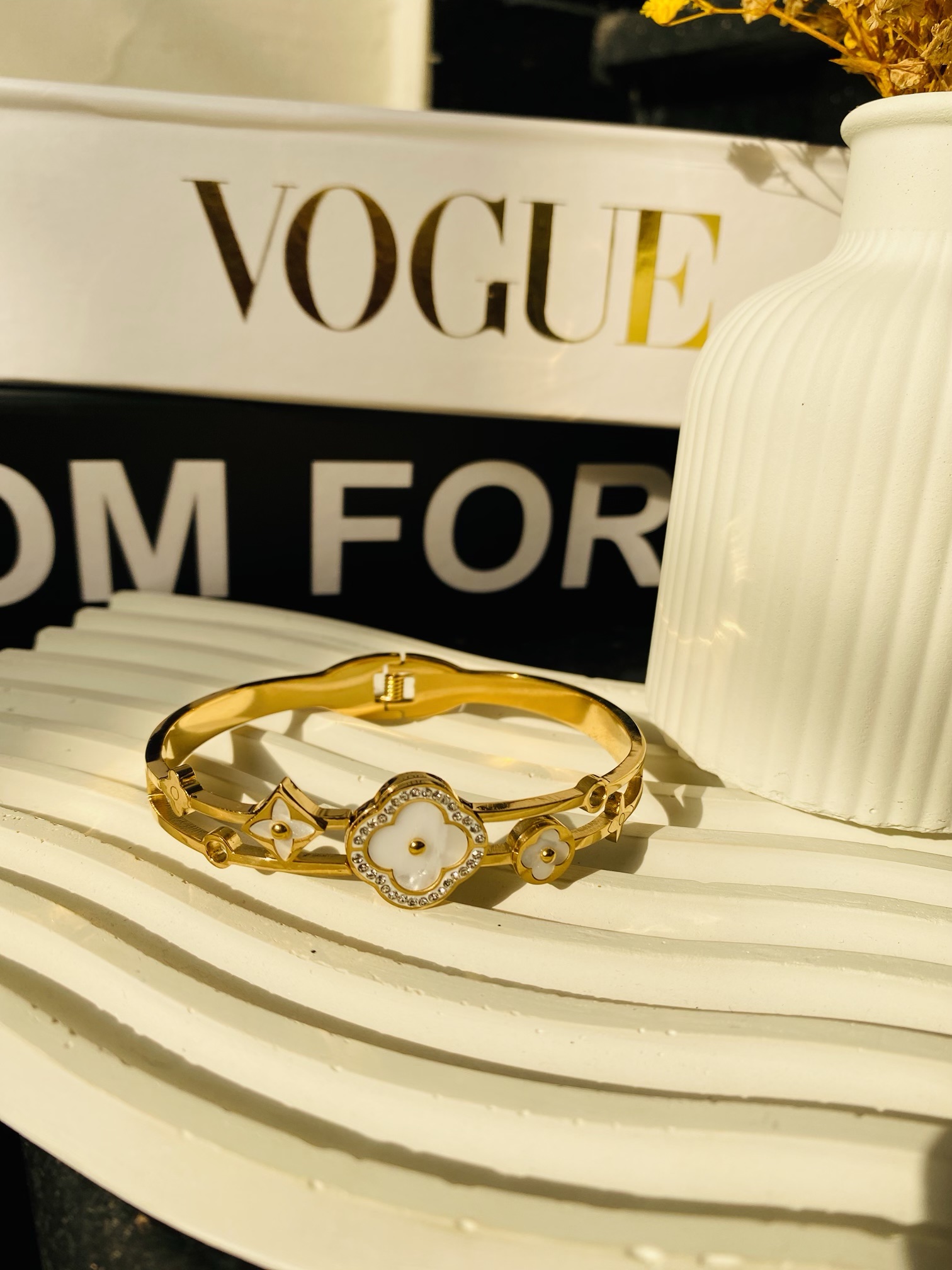 White Clover Cuff Bracelet with Pearl Accent