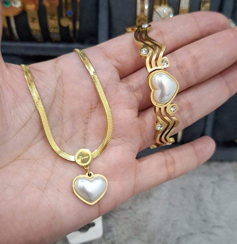 Elegant Gold-Toned Love Necklace and Heart Bracelet Set