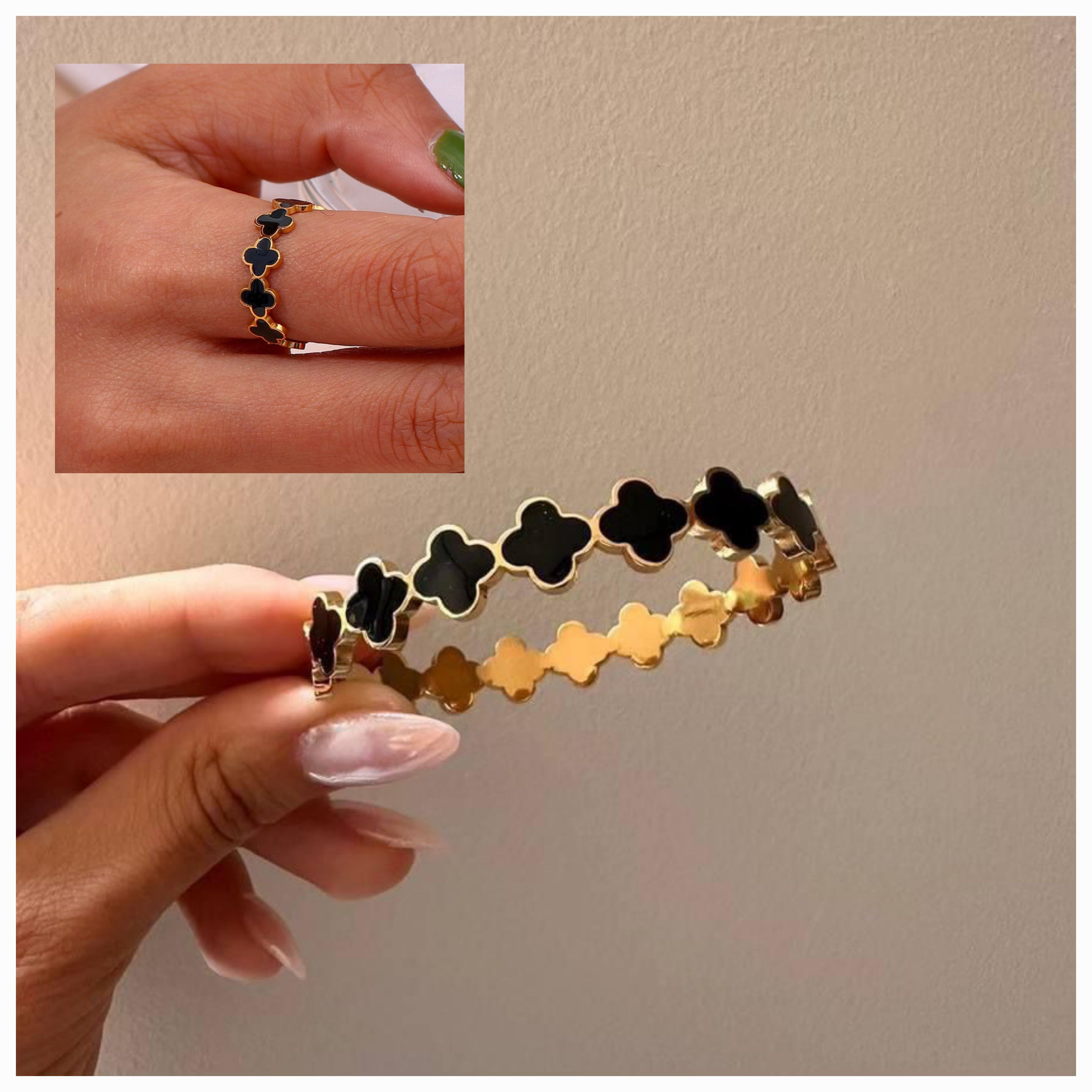  Lucky Clover Ring and Bracelet Combo Set