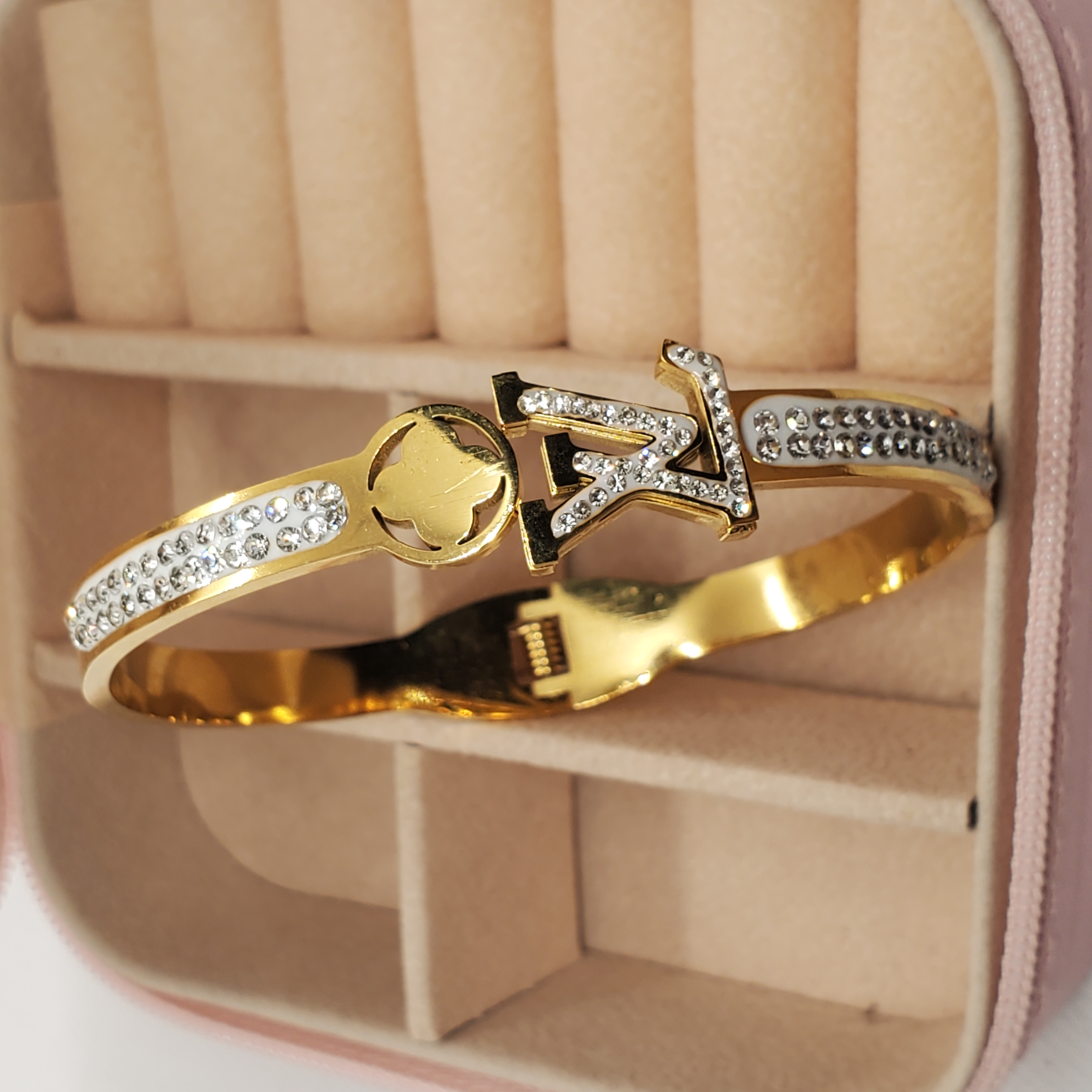  LV-Inspired Rhinestone Gold Bracelet