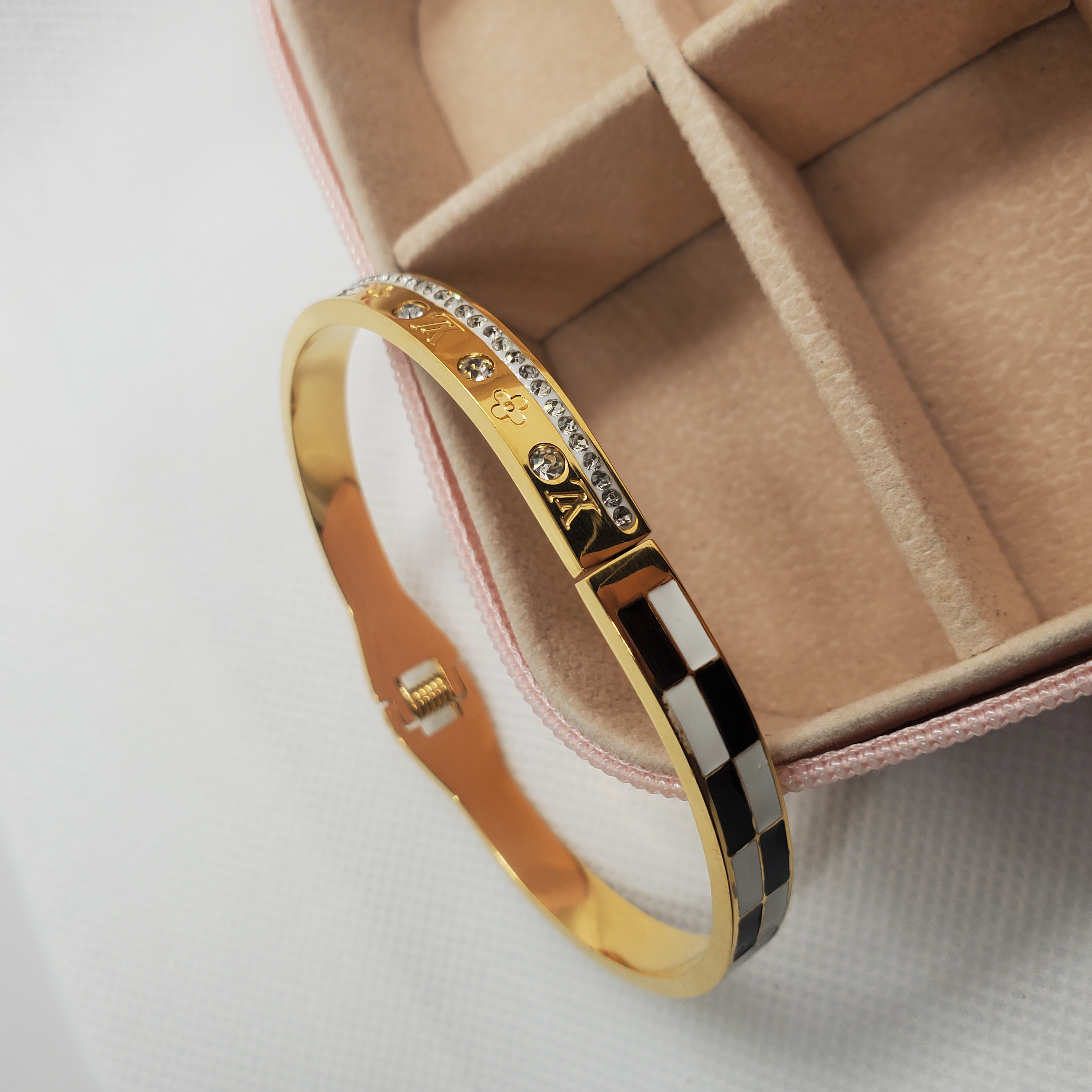 Elegant Gold Toned Checkers Bracelet 