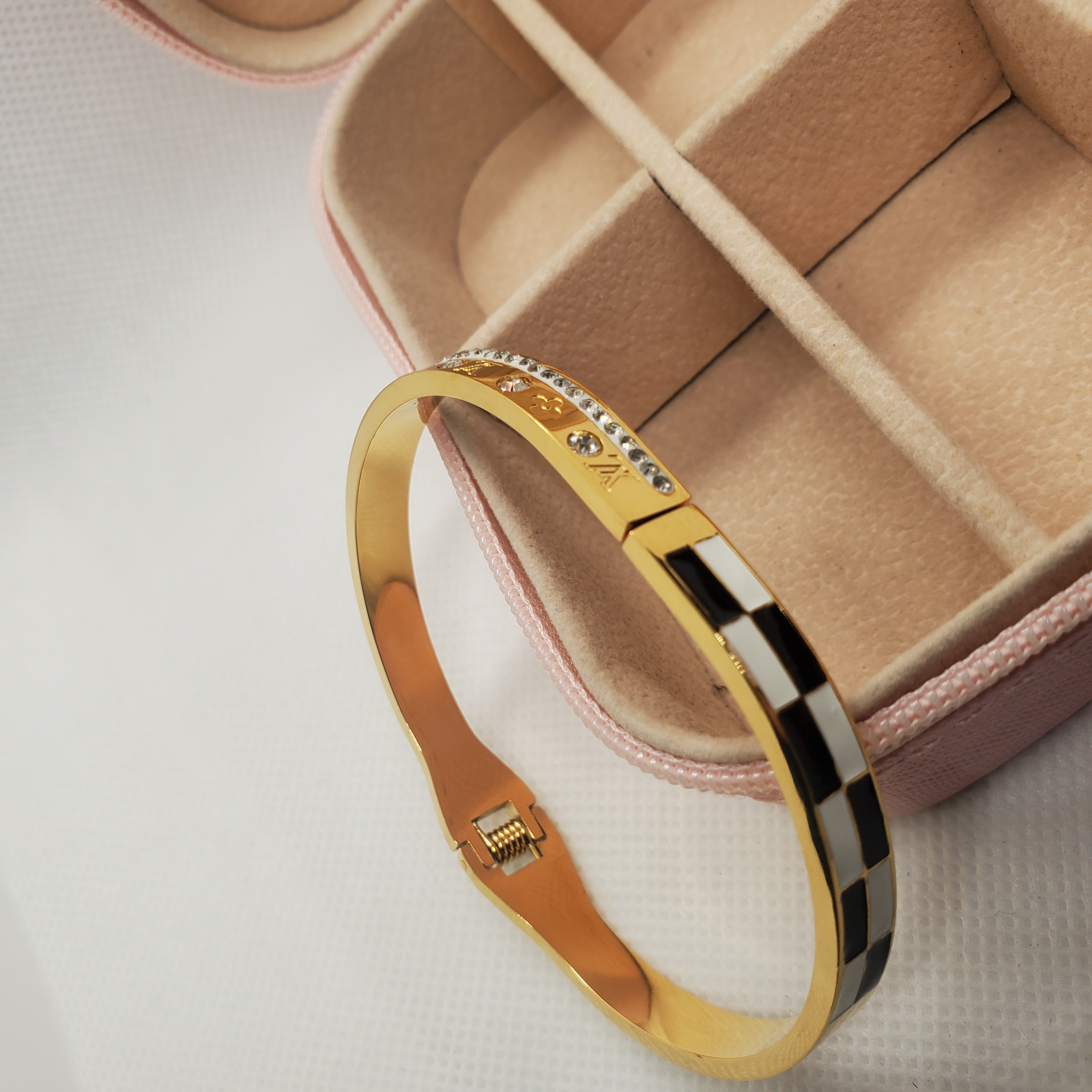 Elegant Gold Toned Checkers Bracelet 