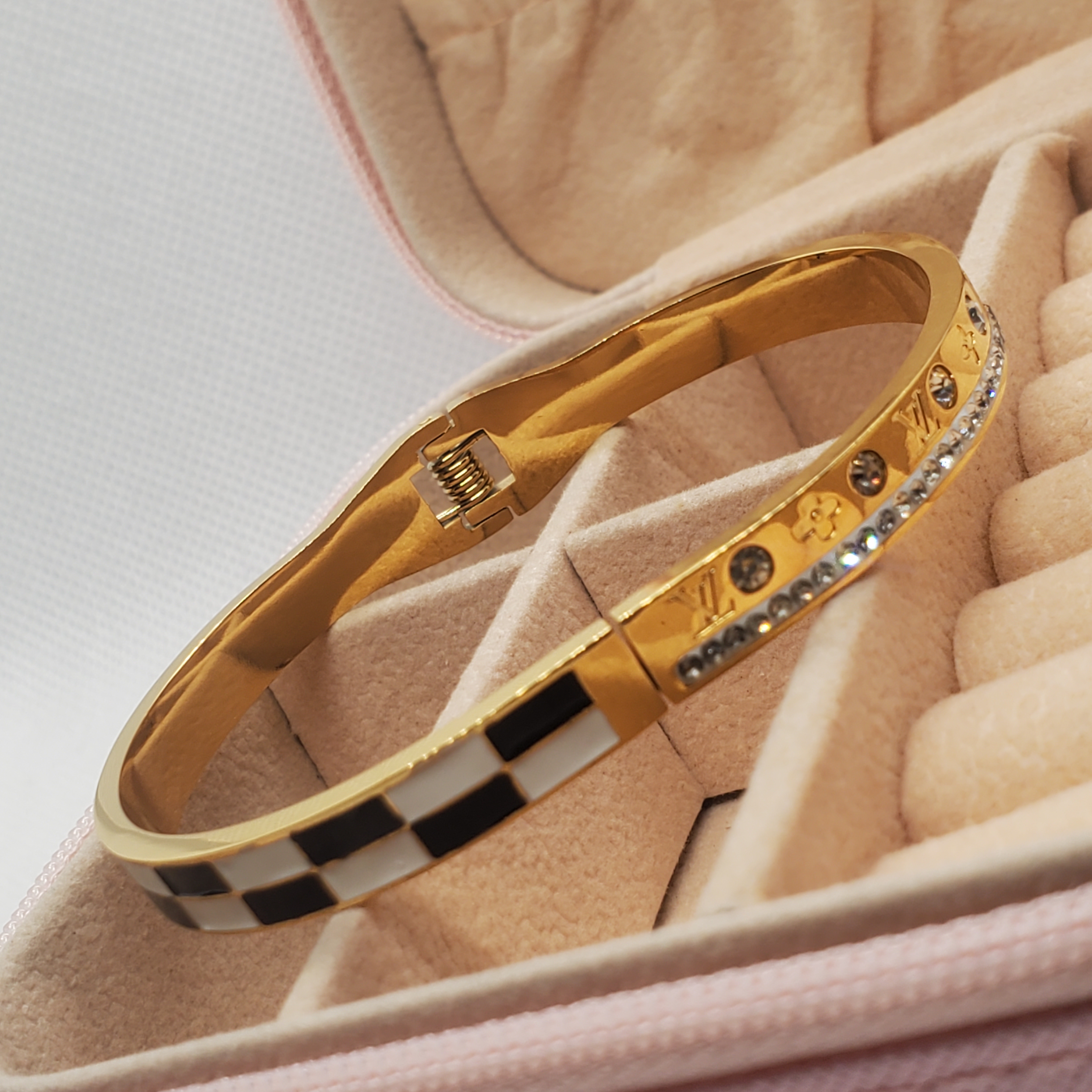 Elegant Gold Toned Checkers Bracelet 
