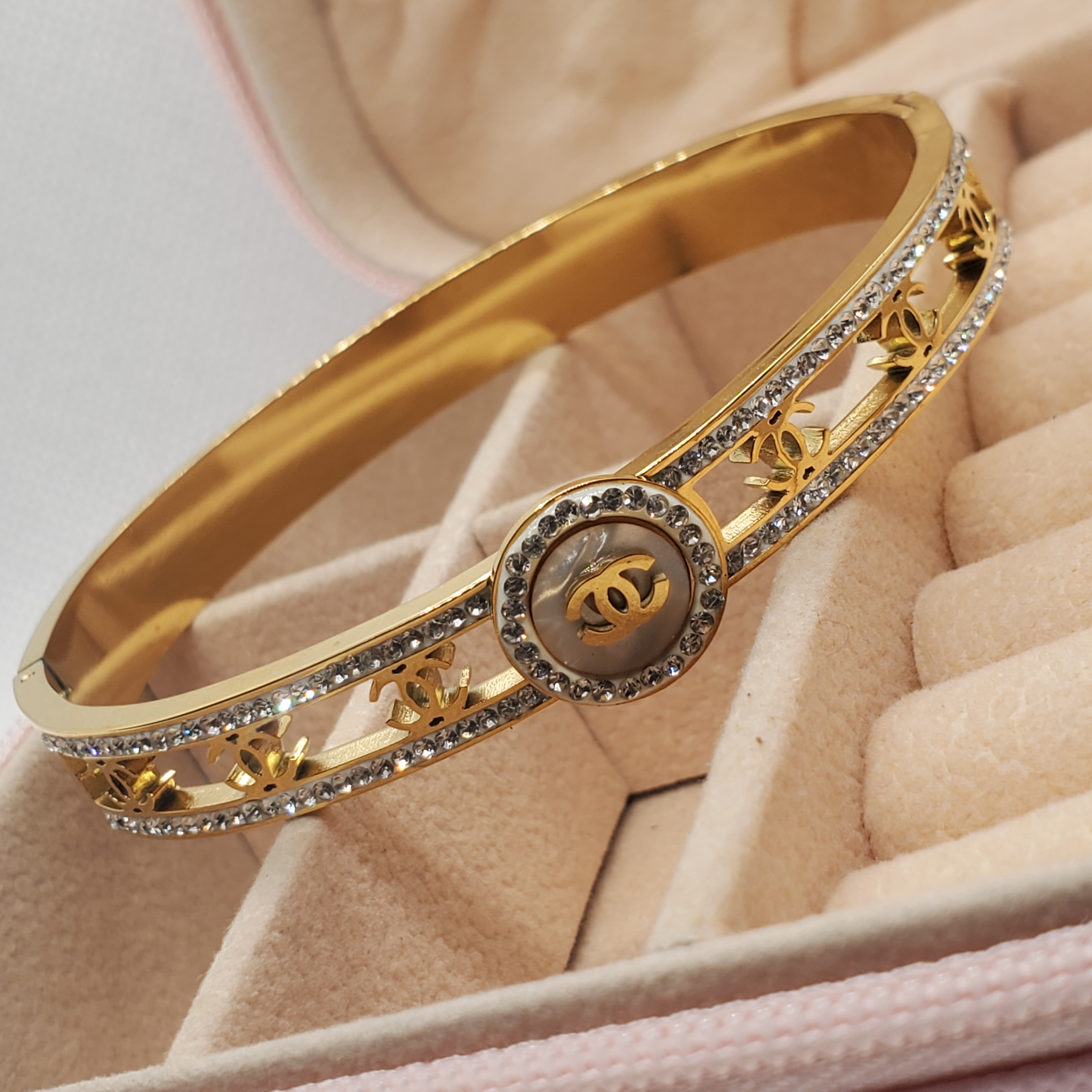 Chanel-Inspired Gold-Toned Crystal Embellished Bracelet