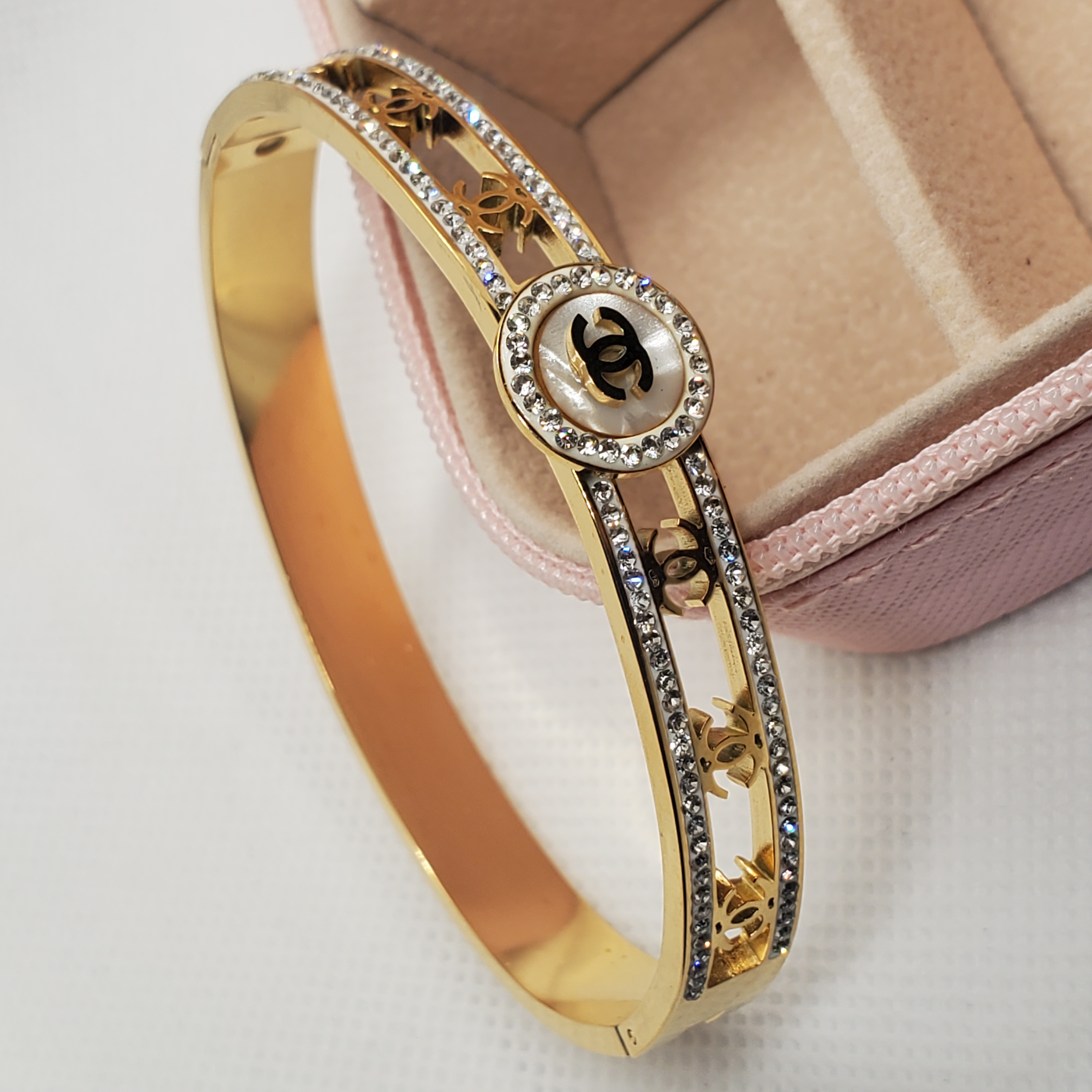 Chanel-Inspired Gold-Toned Crystal Embellished Bracelet