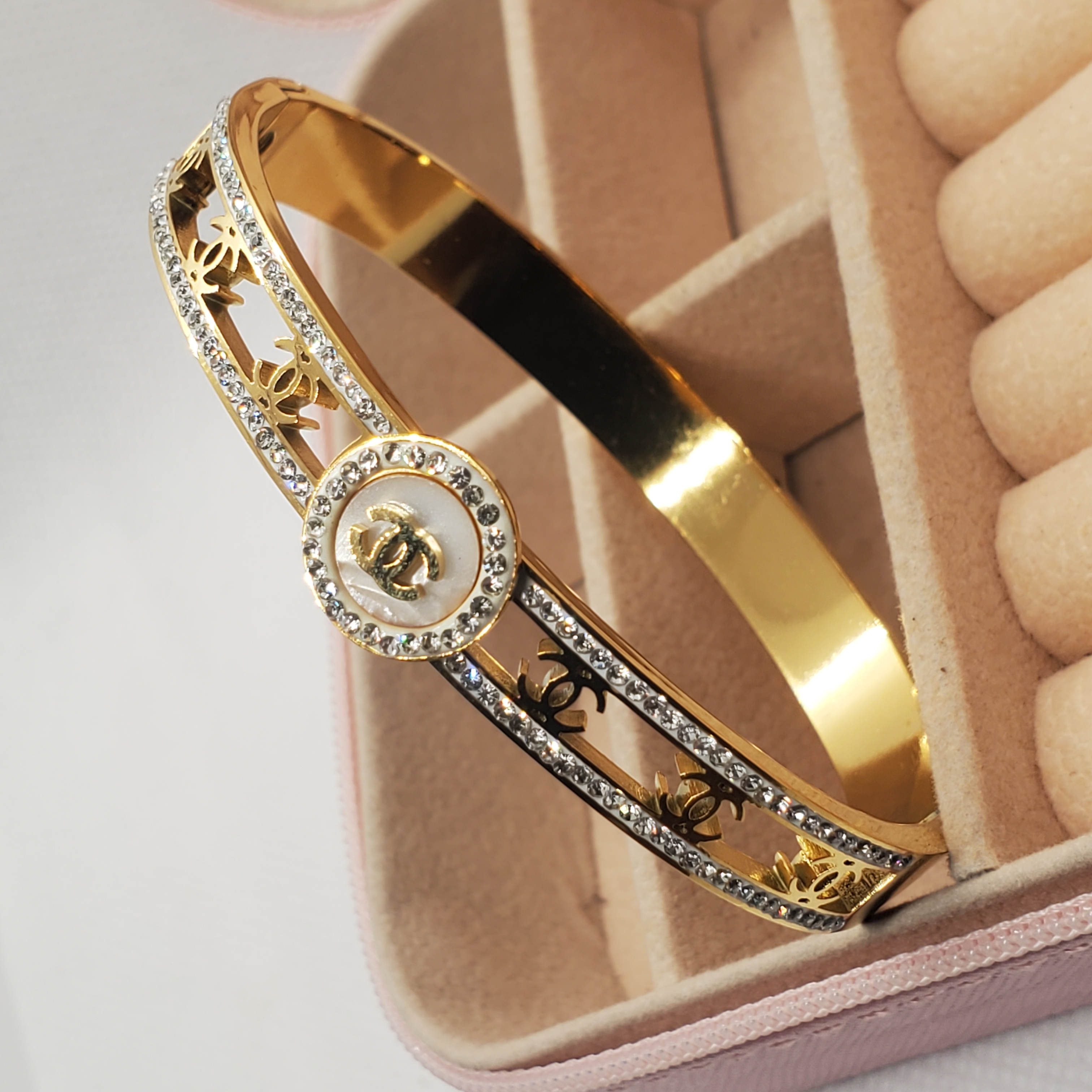 Chanel-Inspired Gold-Toned Crystal Embellished Bracelet