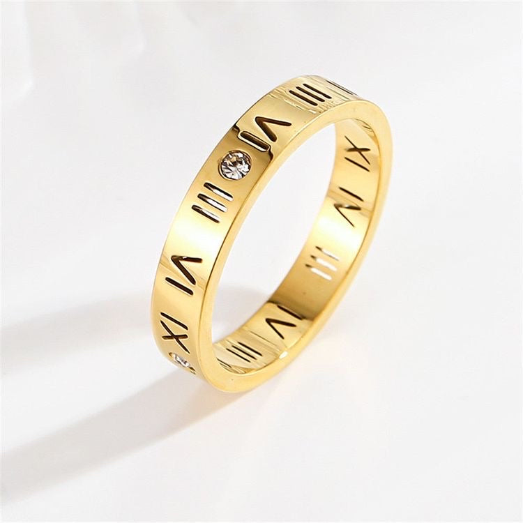 Classic Roman Numeral Gold Band with Diamond Accent