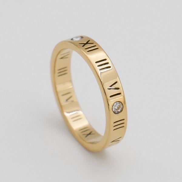 Classic Roman Numeral Gold Band with Diamond Accent