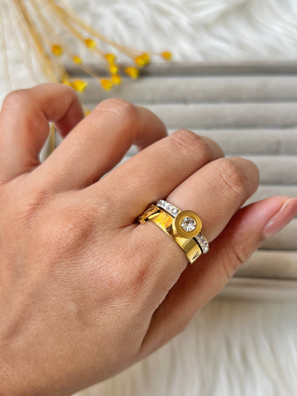  LV-Inspired Script Cut-Out Gold Ring with Gemstone Accent