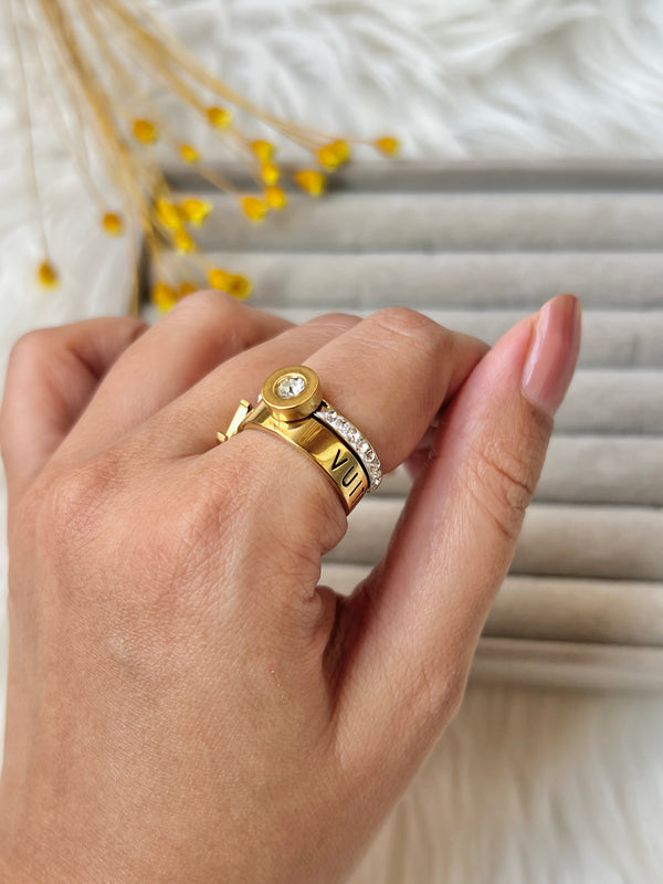  LV-Inspired Script Cut-Out Gold Ring with Gemstone Accent
