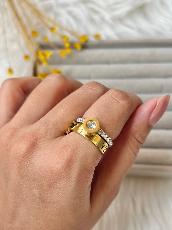  LV-Inspired Script Cut-Out Gold Ring with Gemstone Accent