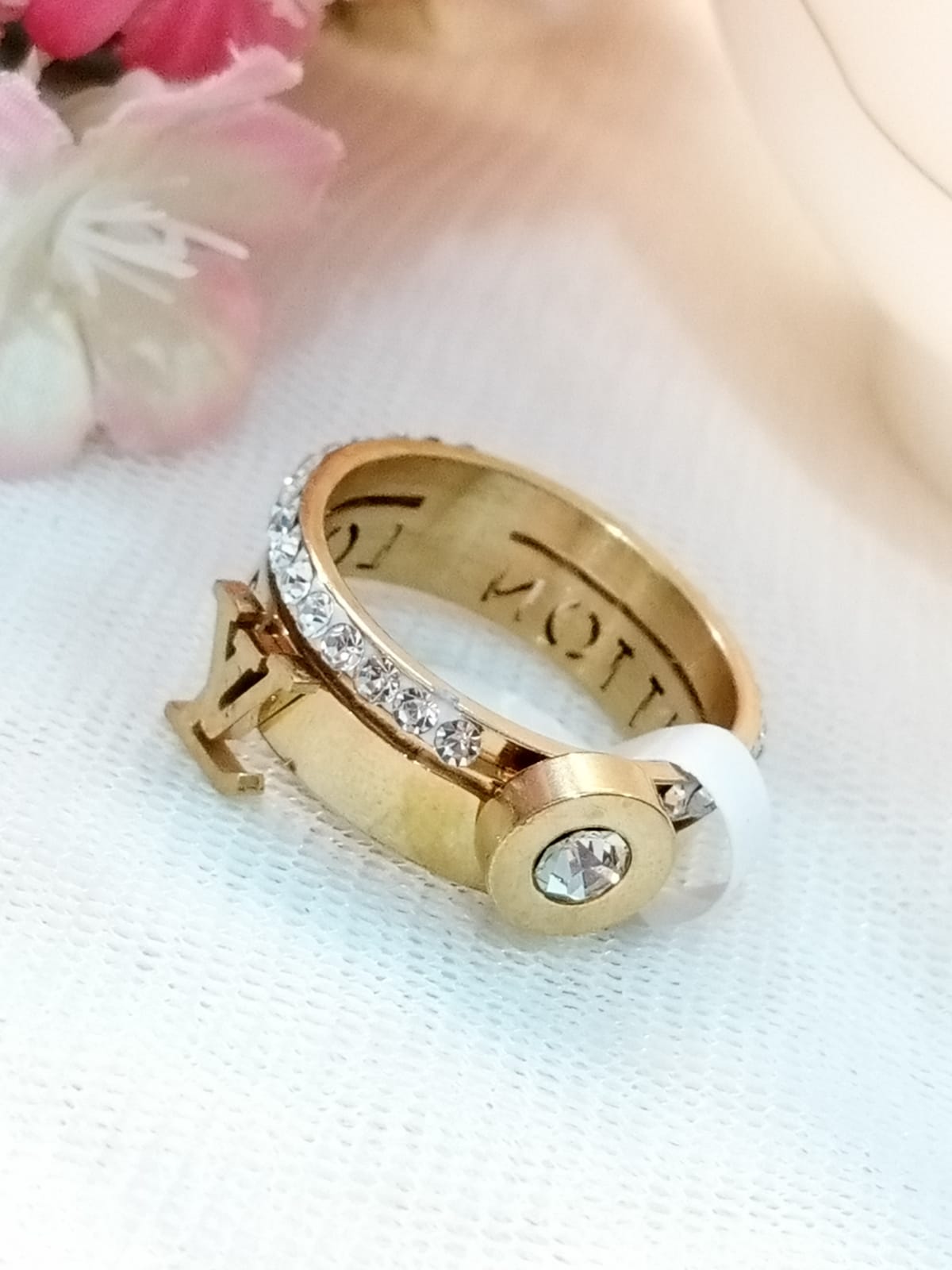  LV-Inspired Script Cut-Out Gold Ring with Gemstone Accent