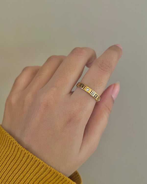 Classic Roman Numeral Gold Band with Diamond Accent