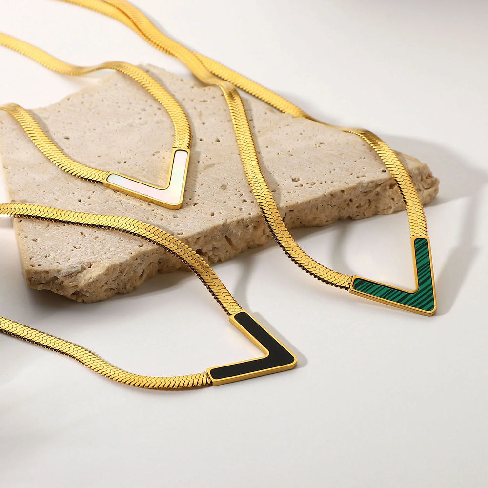 Elegant V-Shaped Pendant with Snake Gold Necklace