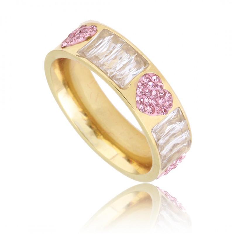 Elegant Gold Band with Pink Accents and Crystal Inlay