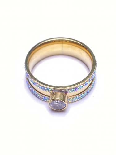 Elegant Gold-Plated Ring with Solitaire Diamond Simulant and Opal Inlay