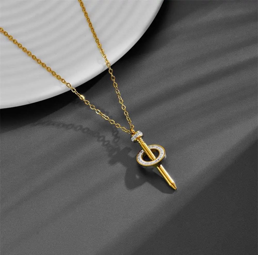 Elegant Gold-Tone Nail Shape Pendant Necklace