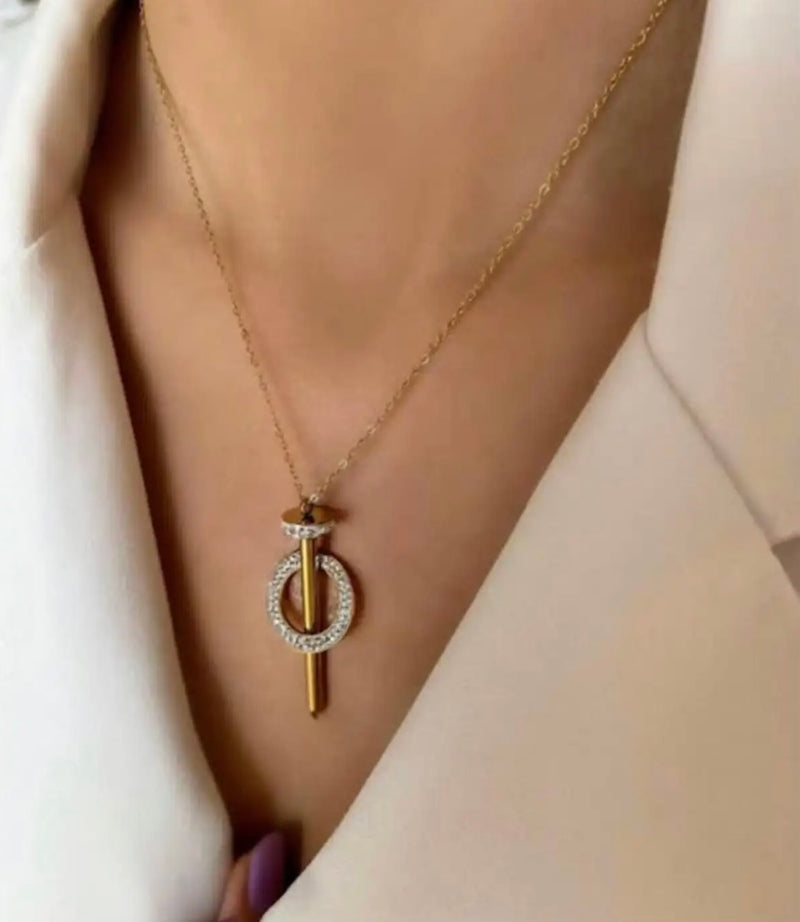 Elegant Gold-Tone Nail Shape Pendant Necklace