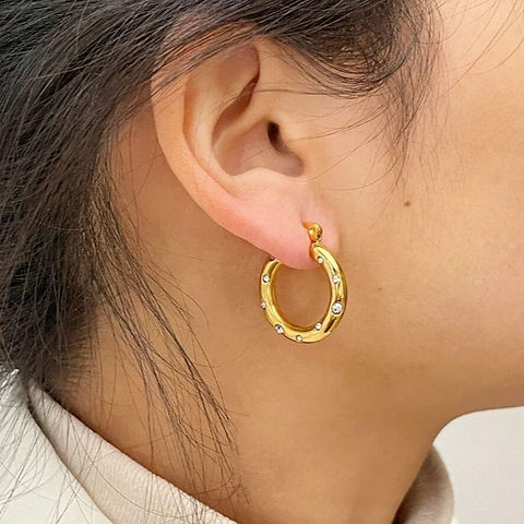 Gemstone-Studded Gold Hoop Earrings - 18K Gold Plated, Elegant Design