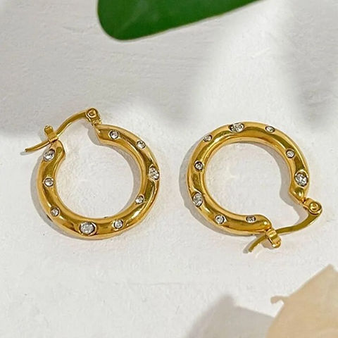 Gemstone-Studded Gold Hoop Earrings - 18K Gold Plated, Elegant Design