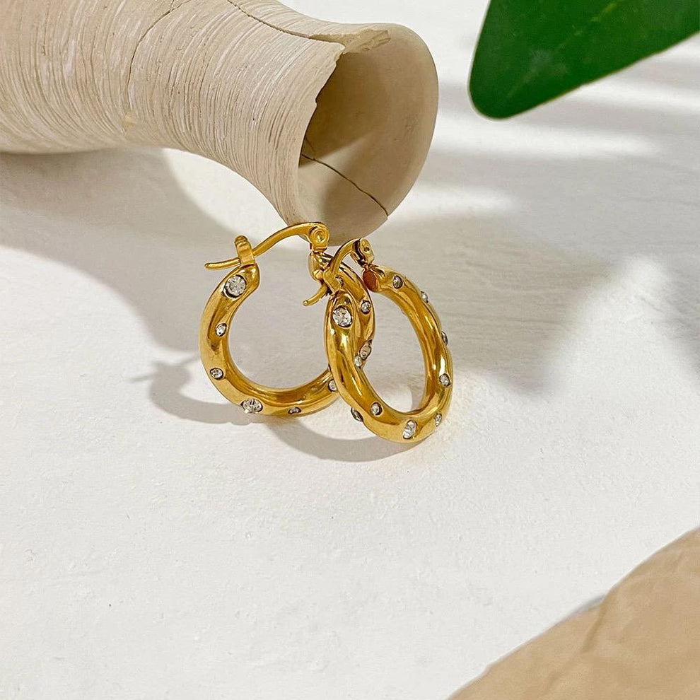 Gemstone-Studded Gold Hoop Earrings - 18K Gold Plated, Elegant Design