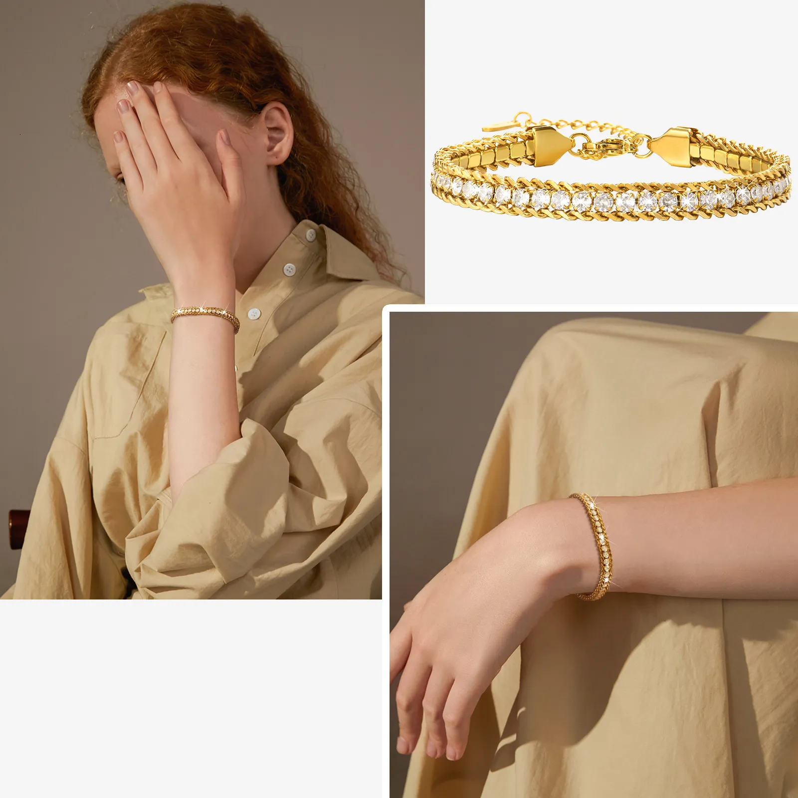Gold-Tone Stainless Steel Double Row Cubic Zirconia Bracelet