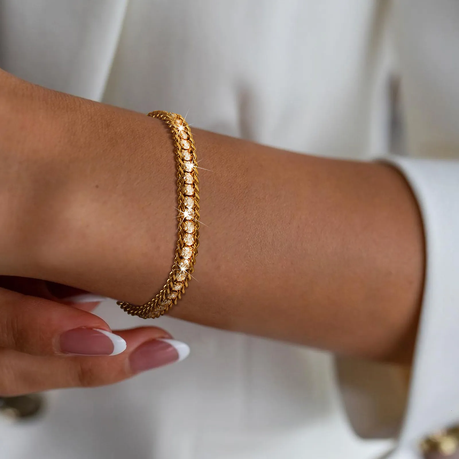 Gold-Tone Stainless Steel Double Row Cubic Zirconia Bracelet