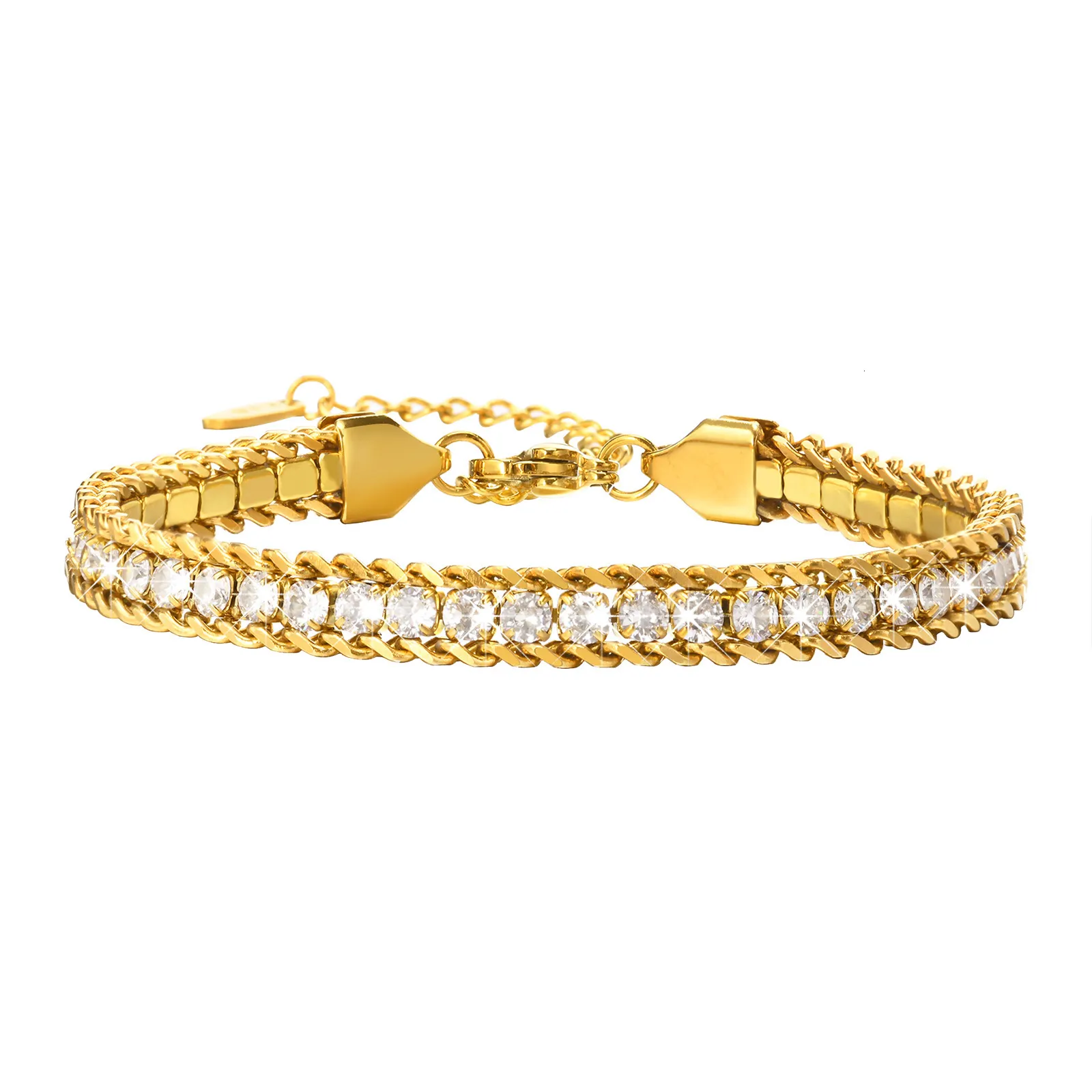 Gold-Tone Stainless Steel Double Row Cubic Zirconia Bracelet