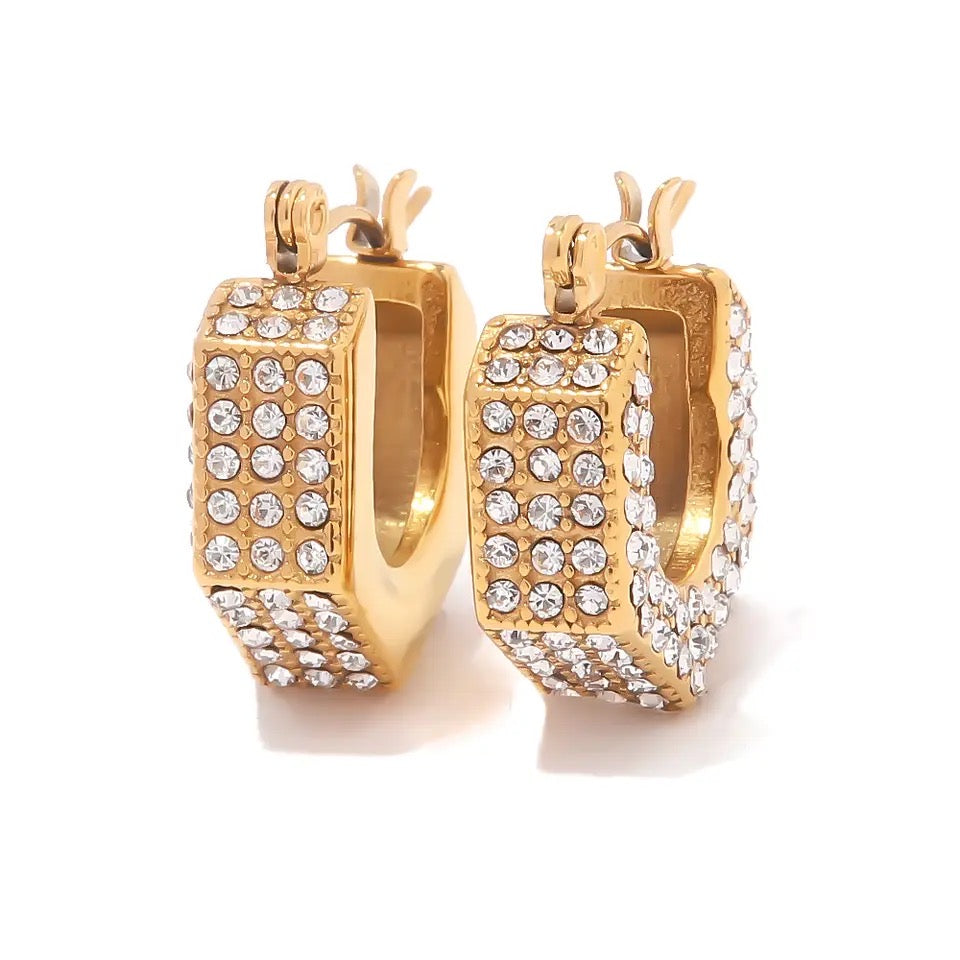  Gold-Plated Hexagon Hoop Earrings with Rhinestone Embellishments
