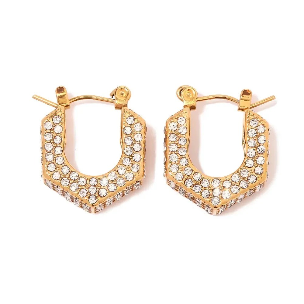  Gold-Plated Hexagon Hoop Earrings with Rhinestone Embellishments