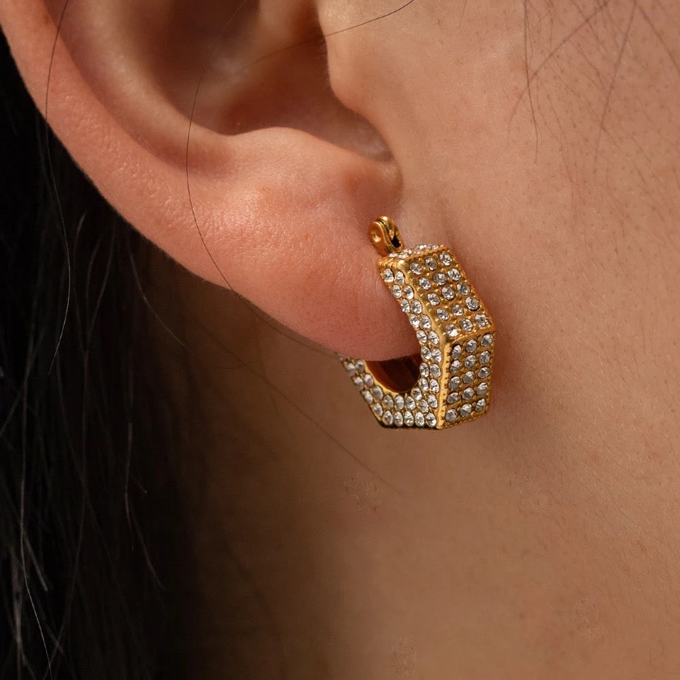  Gold-Plated Hexagon Hoop Earrings with Rhinestone Embellishments