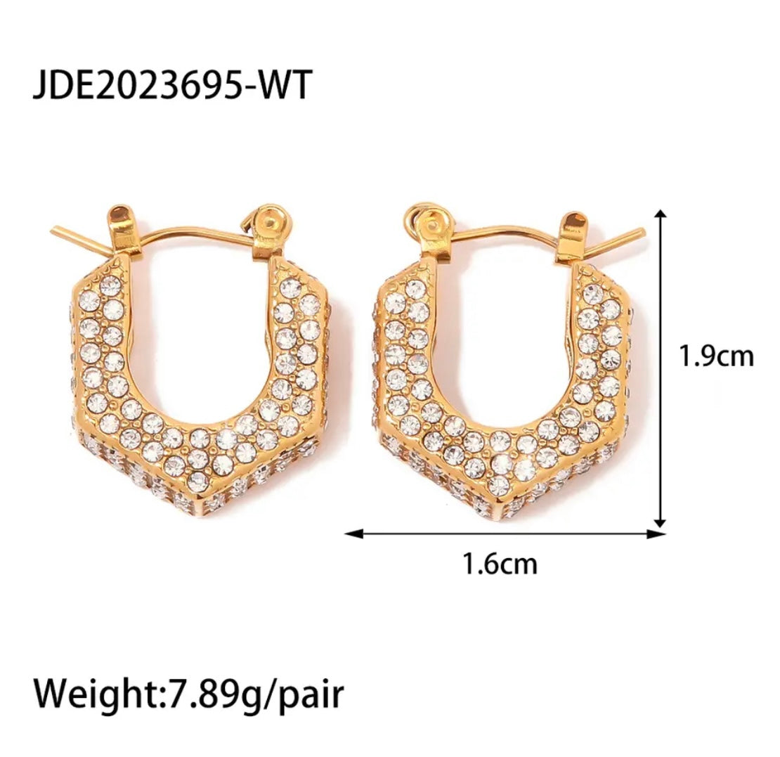  Gold-Plated Hexagon Hoop Earrings with Rhinestone Embellishments