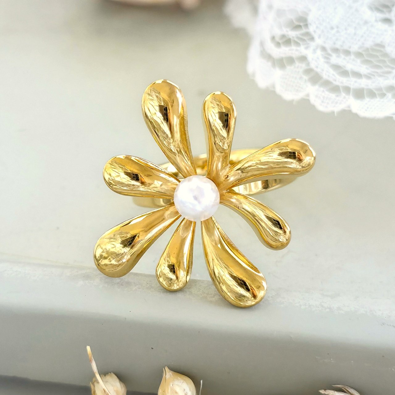 Elegant White Pearl Adjustable Square Ring