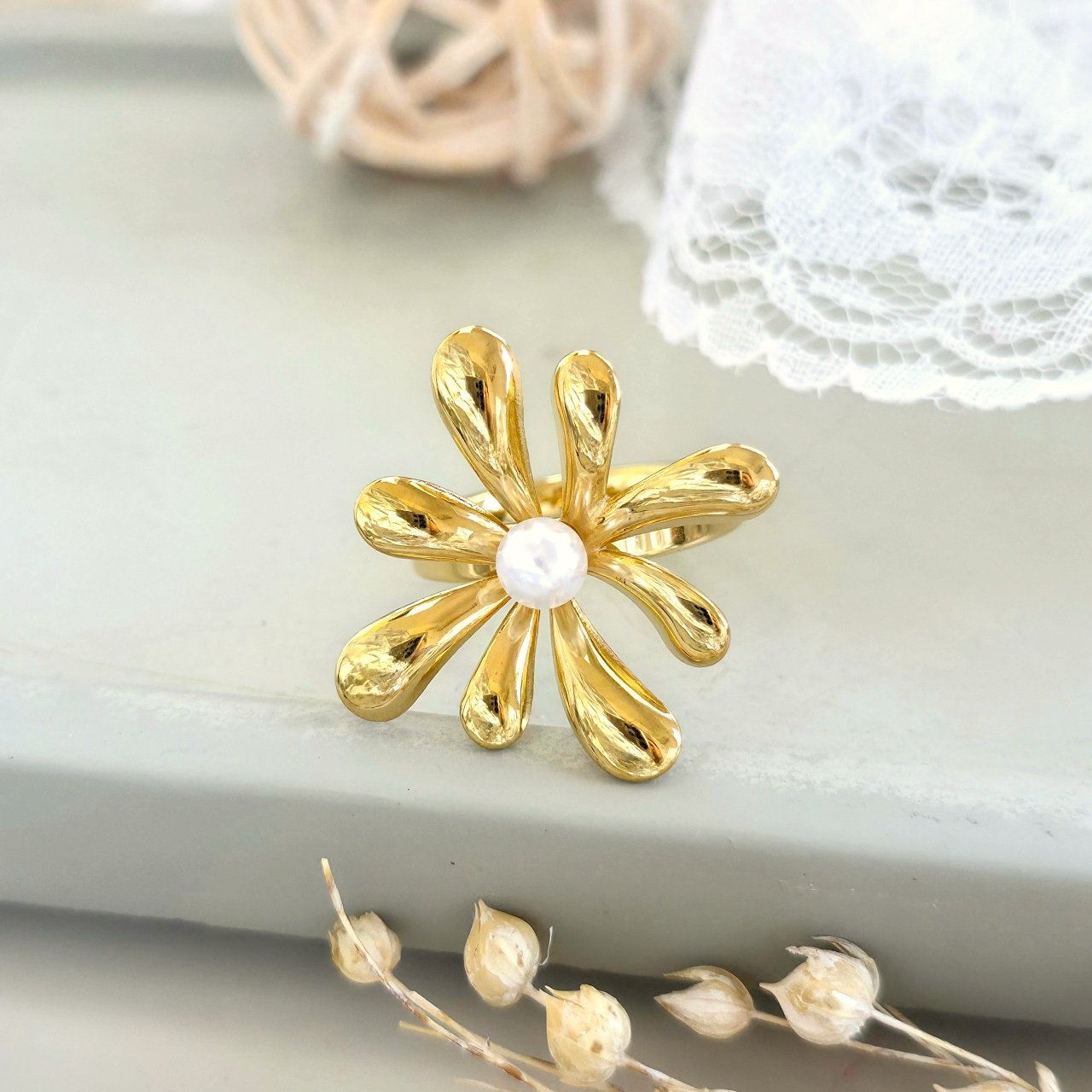 Elegant White Pearl Adjustable Square Ring